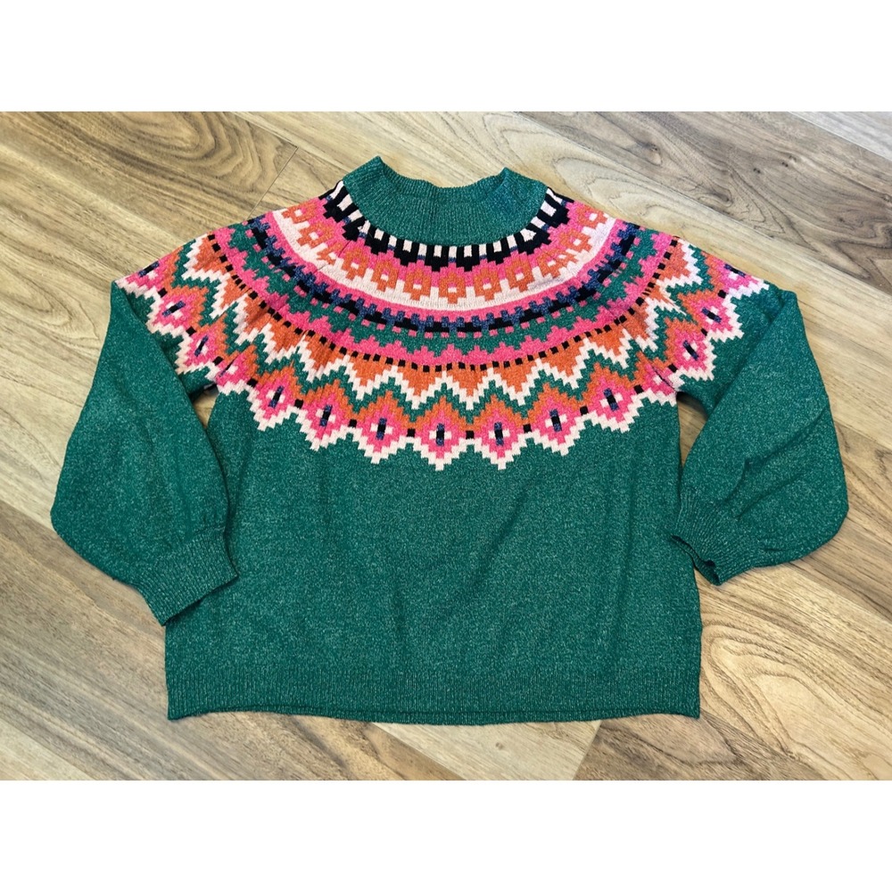 Maurices Womens XL Green Fair Isle Mock Neck Balloon Sleeve Sweater Pullover